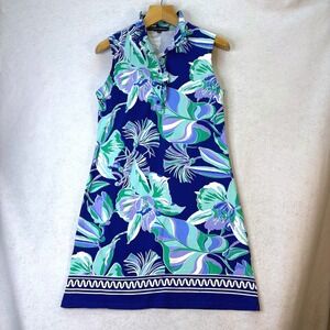 Barbara Erickson Blue Floral Ruffle Collar Sleeveless Shift Dress M Coastal Prep